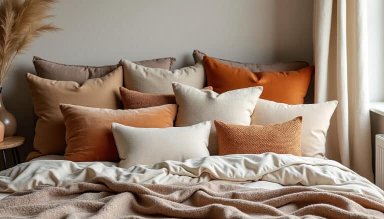 apportez chaleur et style à votre chambre avec la superposition de coussins texturés, une idée déco tendance et chaleureuse pour un intérieur cosy.