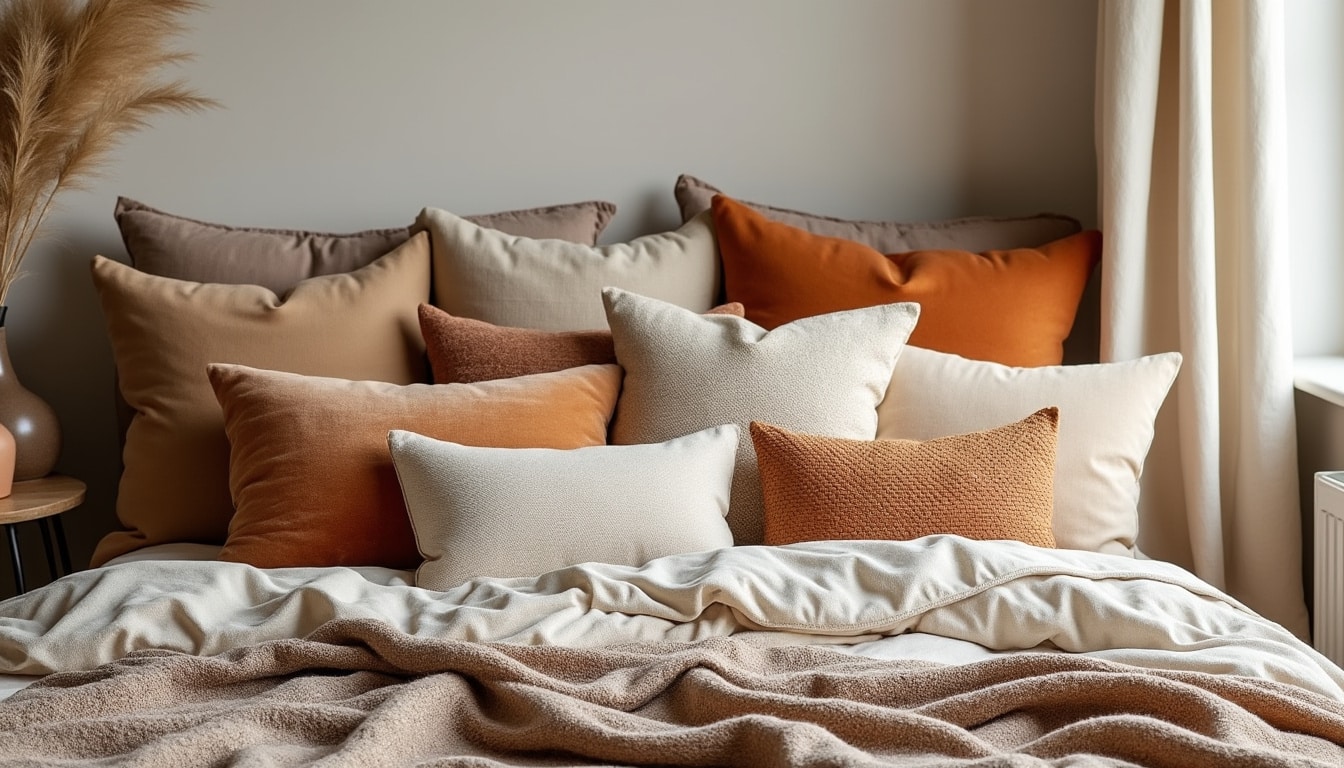 apportez chaleur et style à votre chambre avec la superposition de coussins texturés, une idée déco tendance et chaleureuse pour un intérieur cosy.